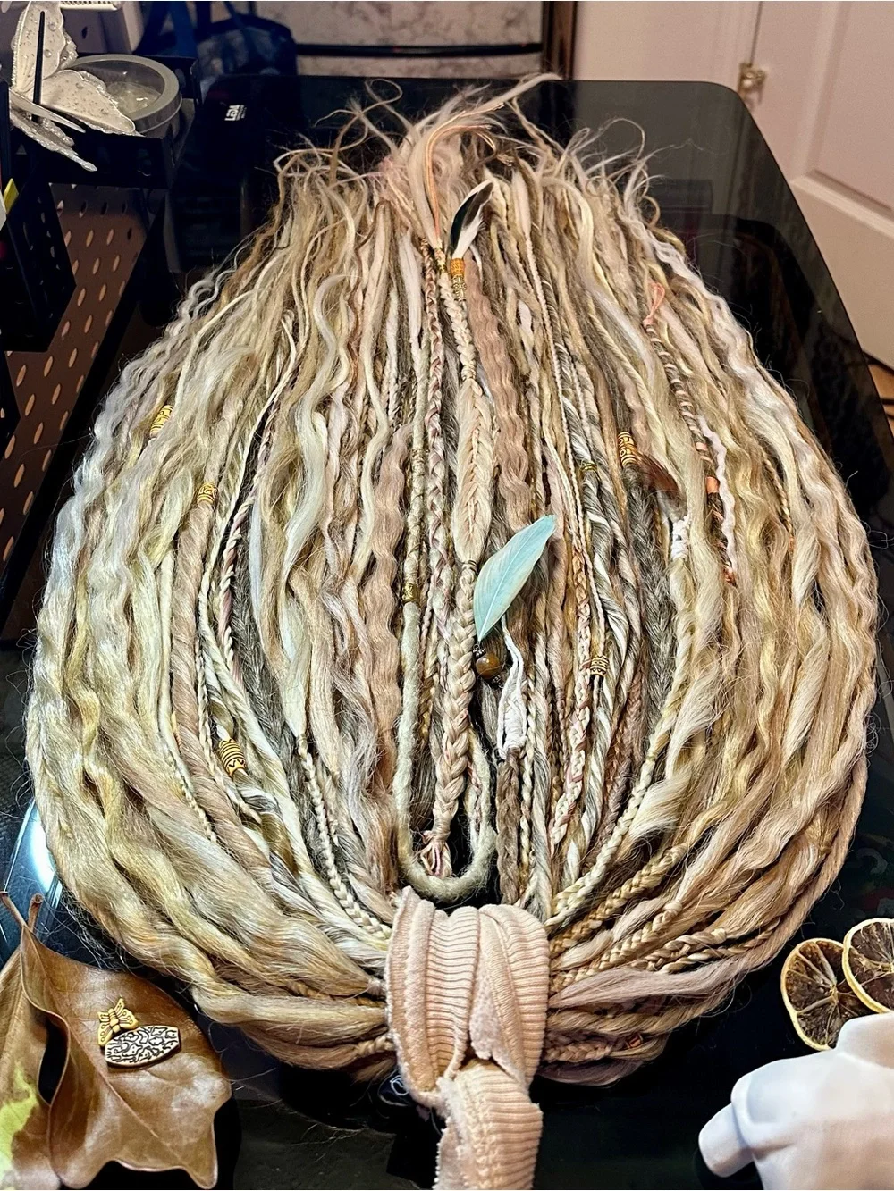 Boho Blonde Synthetic Dreadlock Hairpiece with Beads & Feathers - Picture 1 of 17